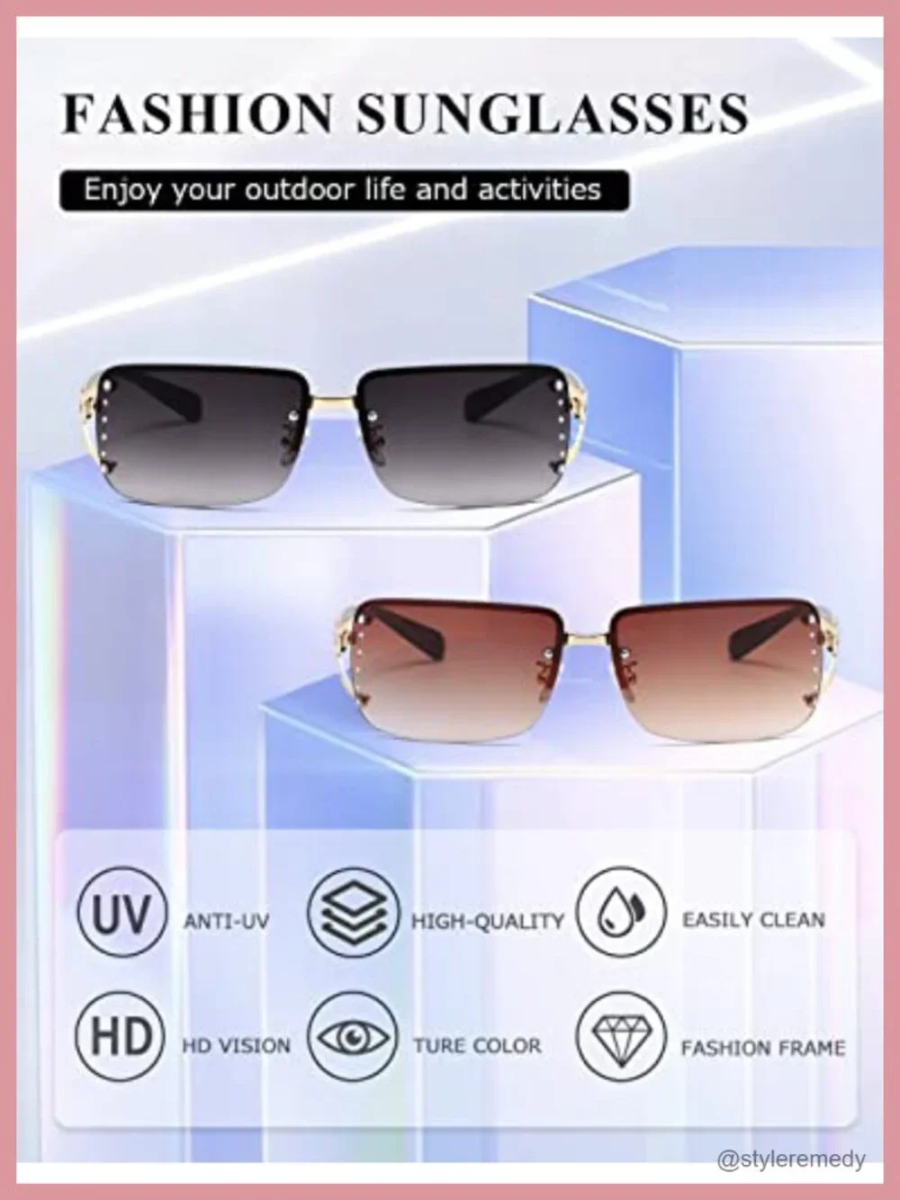 Rectangle Rimless Frameless Sunglasses Metal Frame Retro Square Wrap